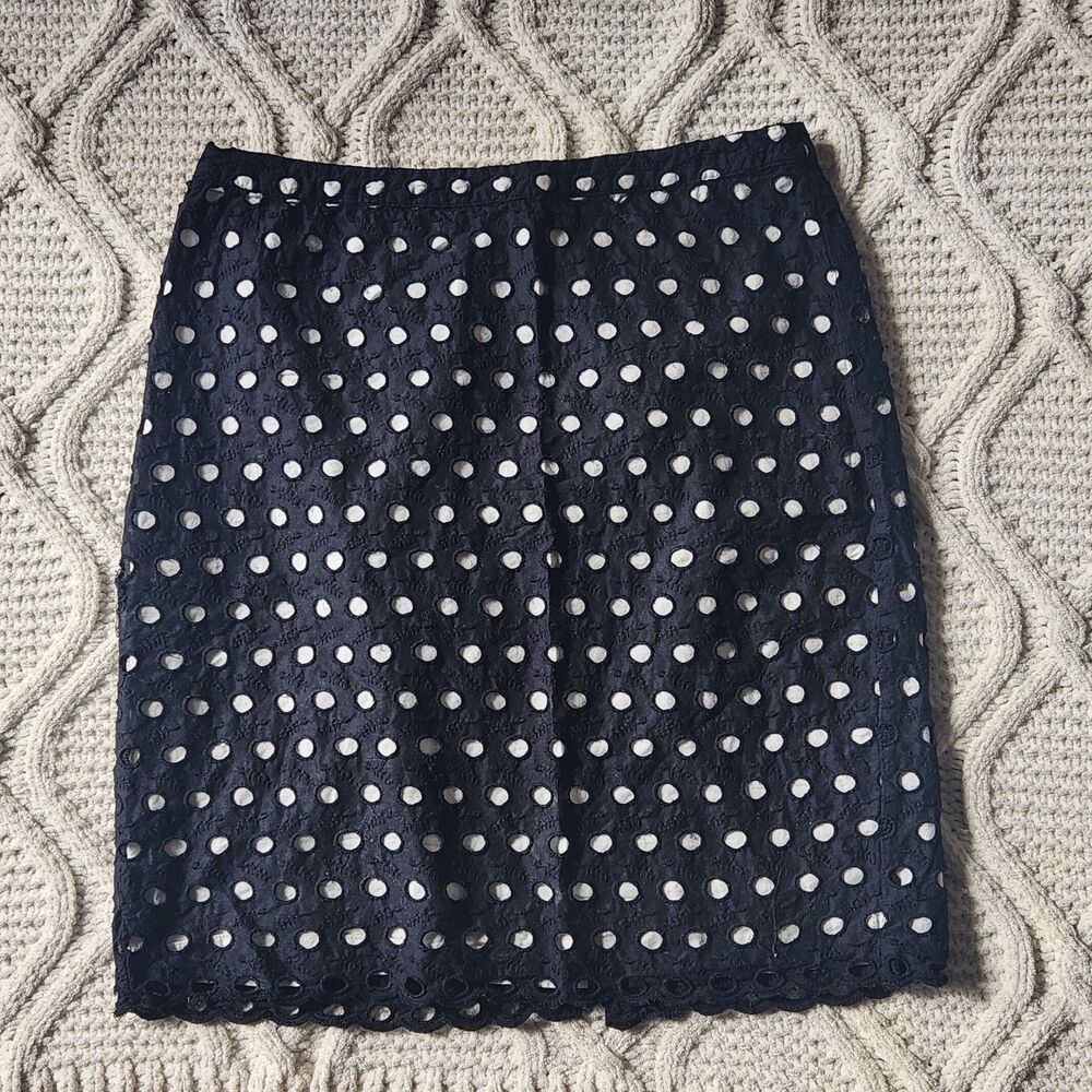 Loft 100% Cotton Black Cream Raised Polka Dot Knee Length Skirt Size 2